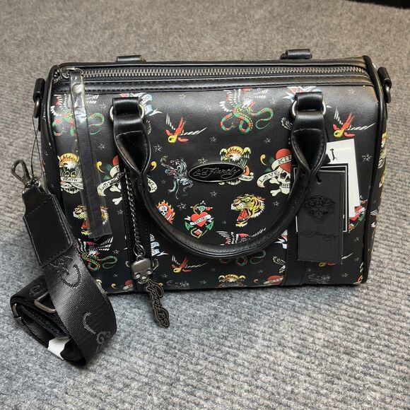 Ed Hardy Y2K Satchel Crossbody Purse Bag Heart Skull Charms Black Red NEW - Picture 1 of 11